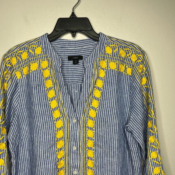 J.Crew Embroidered Blue White Striped 100% Linen Tunic Kaftan Blouse Top Small - Picture 3 of 9